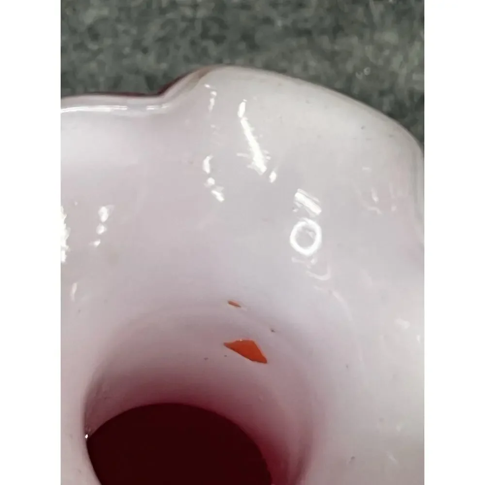 Vintage MCM Red Cased Glass Hobnail Vase Ruffled Rim White Interior 2 Handles 6”
